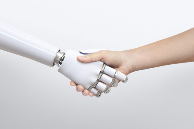 Robot handshake human background, artificial intelligence digita